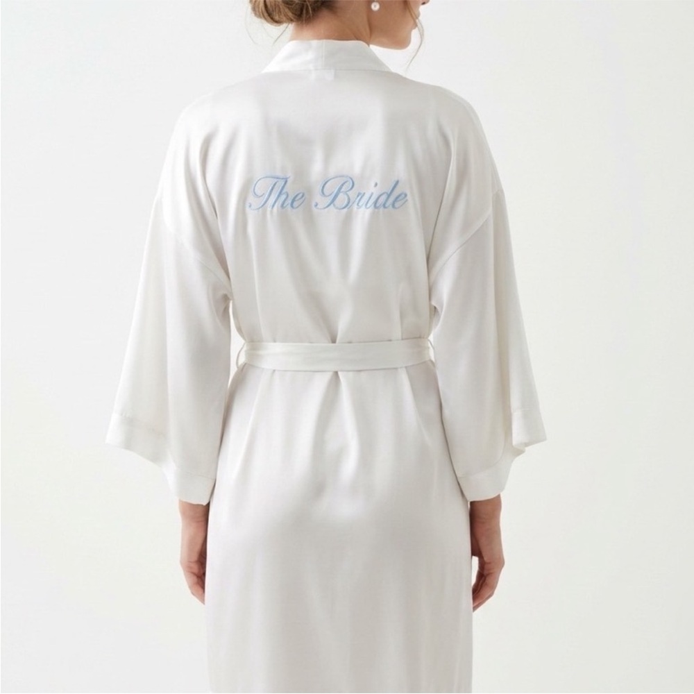 In Bloom by Jonquil “Bride” Satin Robe Ivory Blue Trim XS Nordstrom Bridal